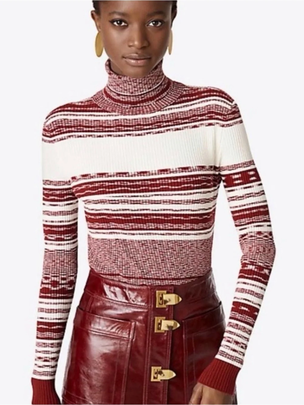 Tory Burch Julie Ribbed Turtleneck Sweater Burgundy/Wine and White  Size XL